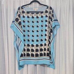 Michael Kors Aqua and Black Geometric Print Handkerchief Blouse